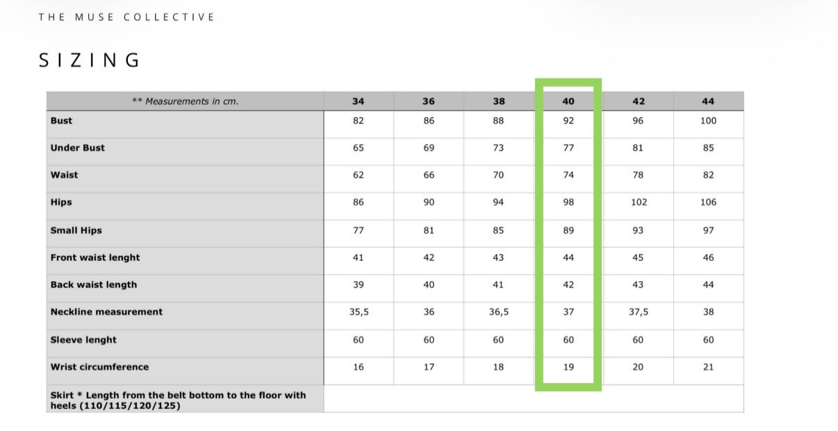 A sizing chart table from The Muse Collective showing measurements in centimeters for sizes 34 through 44, with a green highlight around the 40 column.