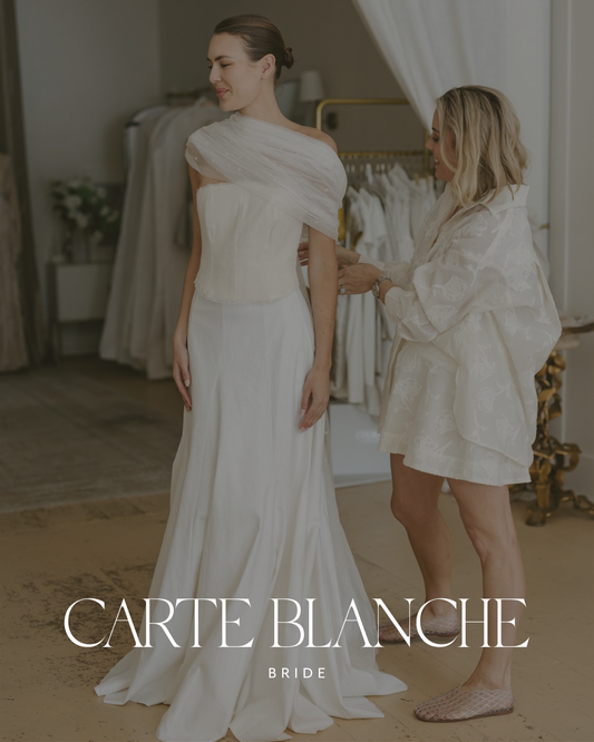 Anastasia styling a bride during a private appointment at Carte Blanche Bride in Melbourne