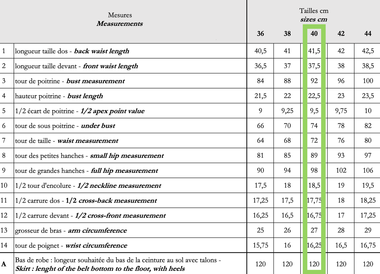 A printed measurement chart with French text and a size table, showing waist measurements in centimeters for sizes 36, 38, 40, 42, and 44. A green vertical highlight is drawn around the 40 cm column.