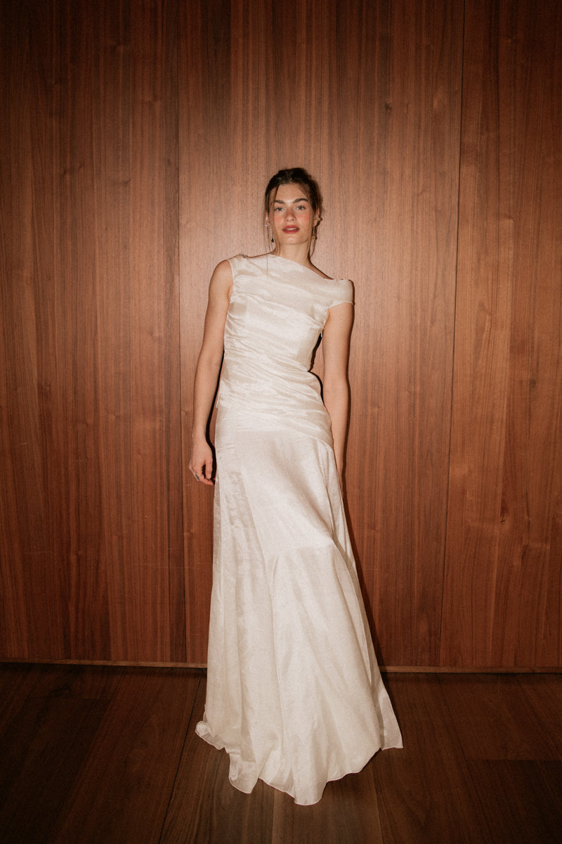 Full-length portrait of model wearing the two-piece Bella Set wedding gown from The Muse Collective 2027 collection.