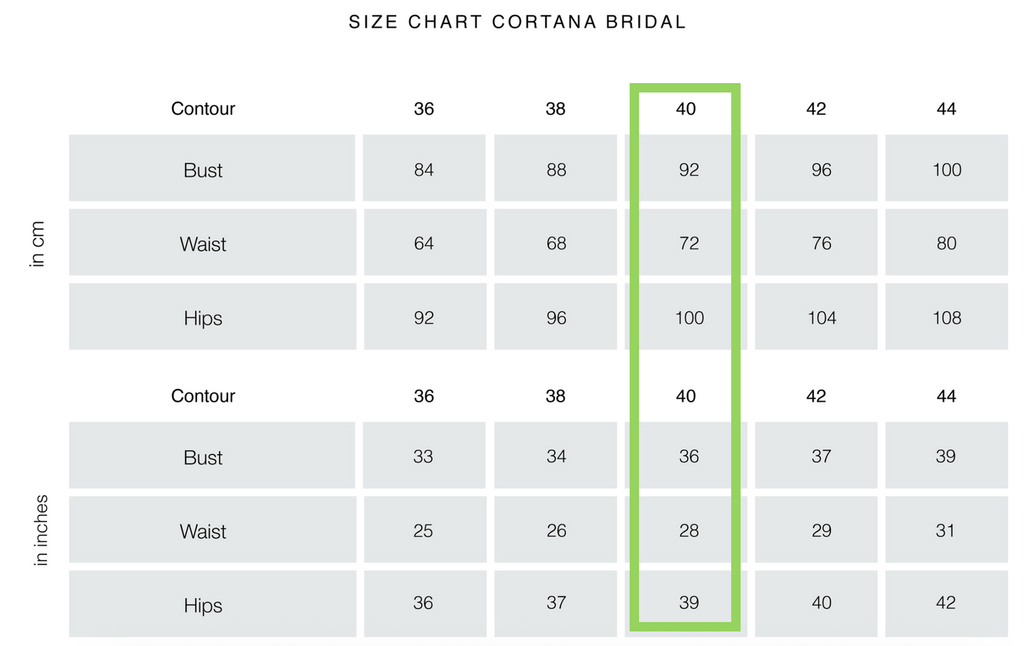 Size chart for Cortana Bridal clothing with measurements in centimeters and inches.