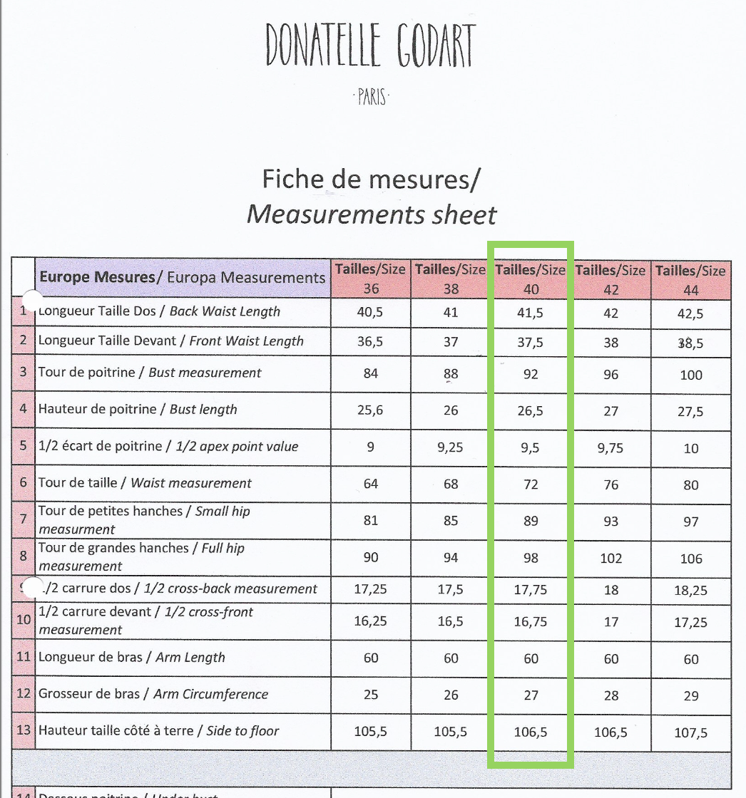 Measurements sheet for Donatelle Godart Paris with size chart and measurements.